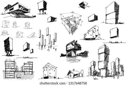 Many Hand Drawn Architectectural Sketches Of A Modern Abstract Architecture Nad Geometric Objects And Urban Ideas And Drafts