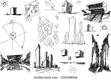 Many Hand Drawn Architectectural Sketches Of A Modern Abstract Architecture Nad Geometric Objects And Urban Ideas And Drafts