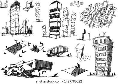 many hand drawn architectectural sketches of a modern abstract architecture nad geometric objects and urban ideas and drafts and bank building