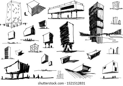 many hand drawn architectectural sketches of a modern abstract architecture nad geometric objects and urban ideas and drafts