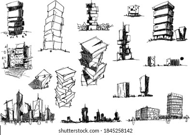 Many Hand Drawn Architectectural Sketches Of A Modern Abstract Architecture And Detached Houses And Urban Ideas 