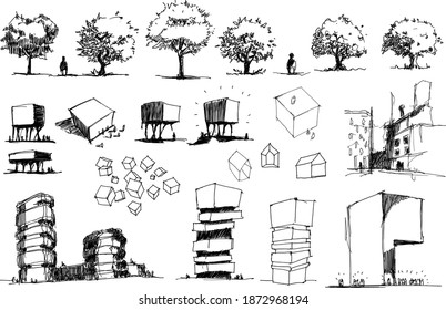 many hand drawn architectectural sketches of a modern abstract architecture and detached houses and urban ideas and trees