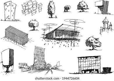 Many Hand Drawn Architectectural Sketches Of A Modern Abstract Architecture And Detached Houses And Urban Ideas And Trees