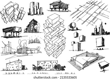 Many Hand Drawn Architectectural Sketches Of A Modern Abstract Fantastic Architecture And Urban Ideas, Buildings And People