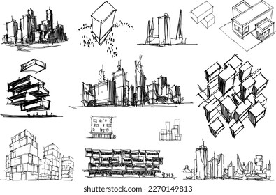 many hand drawn architectectural sketches of a modern architecture and urban ideas, buildings and people