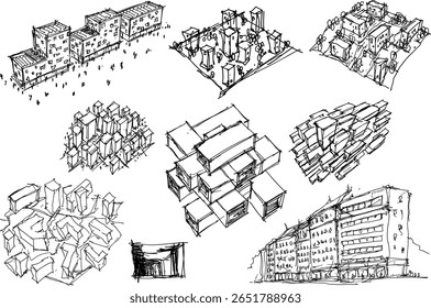 many hand drawn architectectural sketches of architecture and urban ideas, buildings and people
