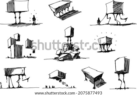 many hand drawn architectectural sketches of a modern abstract fantastic architecture  and cretures Stock photo © 