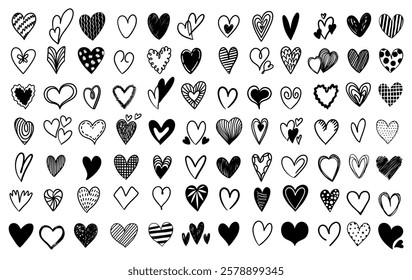 Many hand drawn heart shaped icons are arranged forming a large collection of symbols perfect for valentine s day, wedding or any love related event