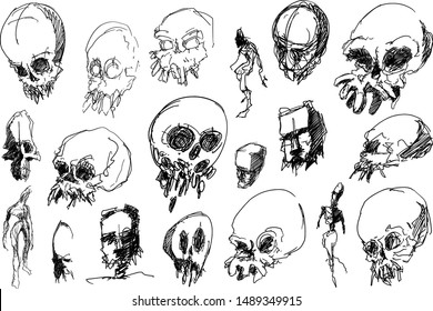 many hand drawn sketches skulls nad scary horror creatures and beasts