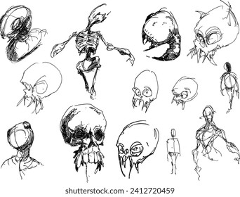 many hand drawn sketches skulls nad scary horror creatures and beasts