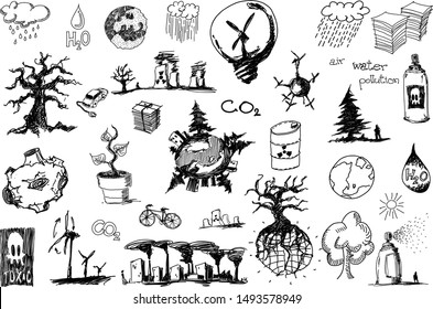 many hand drawn sketches of topics regarding nature nd environment and ecology and trees and wind energy