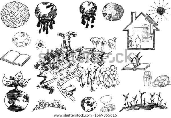 many hand drawn\
sketches of topics regarding nature and environment and ecology and\
energy and planet earth