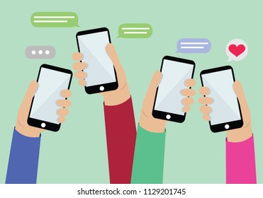 many hand holding mobile show message. 