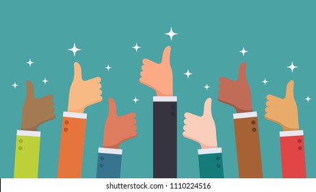 Many hand thumbs up good feedback from ethnic group business people concept vector