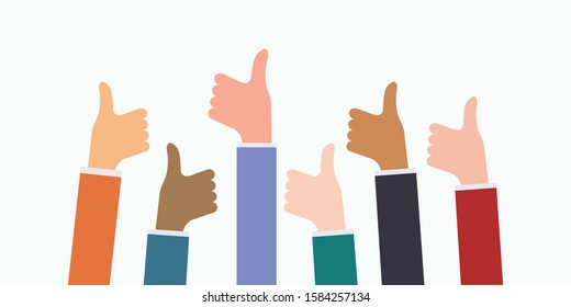 Many hand thumbs up good feedback. Like. Business people. Vector illustration.