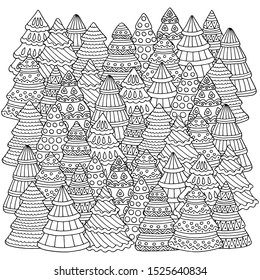 Many hand-drawn doodle Christmas trees, forest, coloring page for children and adults