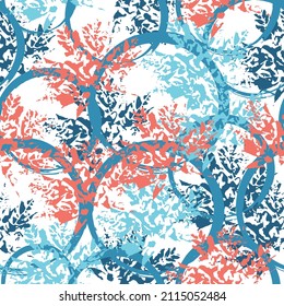 Many handmade ink leaves stamps scattered on white background. Natural autumn, fall seamless pattern. Spring or summer background. Stylish decoration for social media, blog post, interior design.
