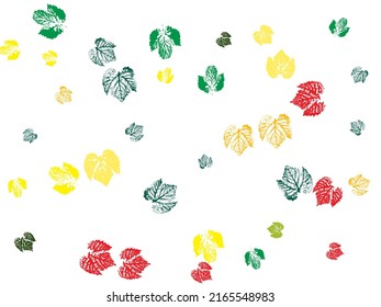 Many handmade ink leaves stamps scattered on white background. Natural autumn, fall seamless pattern. Hi detailed texture of forest leaves original creative illustration. 