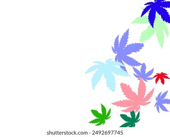 Many handmade ink leaves stamps scattered on white background.  Spring foliage dancing on yellow green background. 