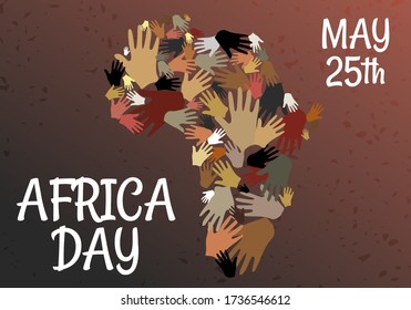 Día de Muchas Manos para África, 25 de mayo: Antecedentes Vector de la Mano Tribal Africana con el continente. Ilustración de diseño gráfico.