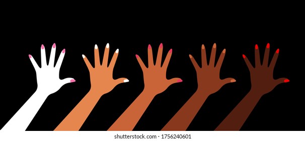 Many Hands Up In The Air. Multi-ethnic Women Are Raised Hands, Different Skin Colors. Caucasian, Asian, Latino, Black. Concept Of Equality, Unity And Vote. Modern Vector Illustration. Black Background