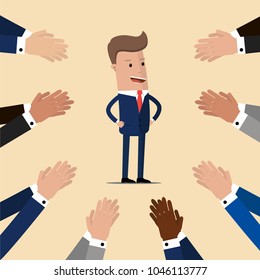 Many hands applauding to a successful businessman. Business concept. Vector illustration