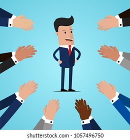 Many hands applauding to a successful businessman. Business concept. Vector illustration