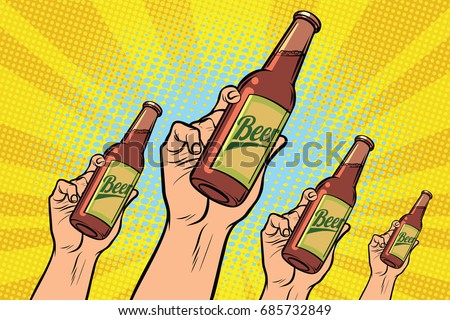 many hands with a bottle of beer. Pop art retro vector illustration