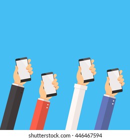 Many hands of businessman with smartphones. Social media concept vector