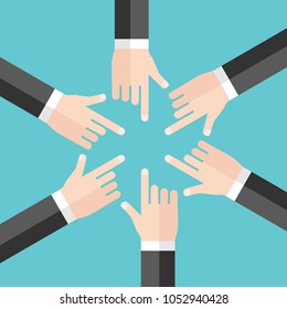 Many hands of businessmen blaming and pointing at each other. Responsibility, misunderstanding, problem and conflict concept. Flat design. Vector illustration, no transparency, no gradients