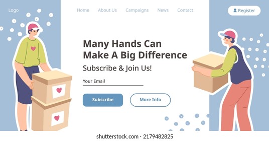 Many Hands Can Make Big Difference, Subscribe And Join Volunteering Project. Help People With Donation And Charity Assistance. Website Landing Page, Online Web Page Template. Vector In Flat Style