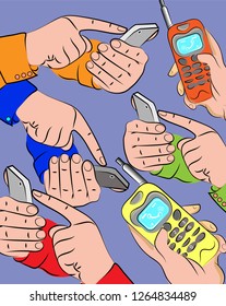 Many hands of cellular subscribers with phones and smartphones. Image in vintage style. Vector illustration
