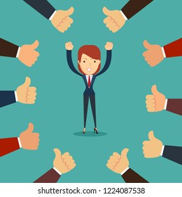 Many hands congratulate a winner with thumbs up sign. Stock flat vector illustration.