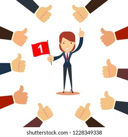 Many hands congratulate a winner with thumbs up sign. Stock flat vector illustration.