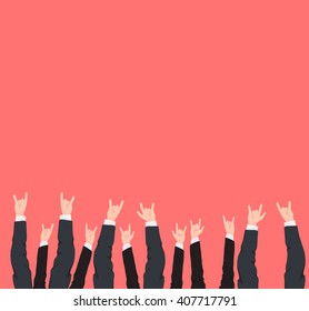 Many hands up cool rock victory and success gestures of different business man and woman hands isolated