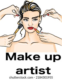 Many hands with cosmetics brush doing make up of glamour girl vector illustration