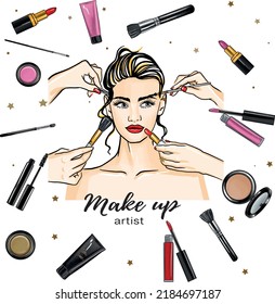 Many hands with cosmetics brush doing make up of glamour girl vector illustration