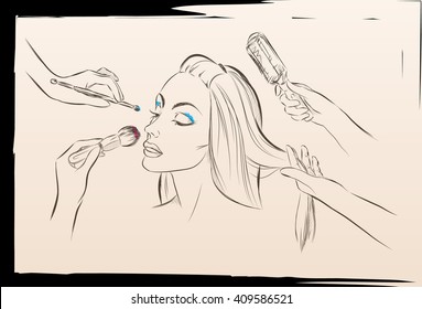 Many hands with cosmetics brush doing make up of glamour woman