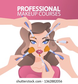 Many hands with cosmetics brushes doing make up for pretty lady. Glamour and beauty concept. Makeup courses banner. Isolated flat vector illustration