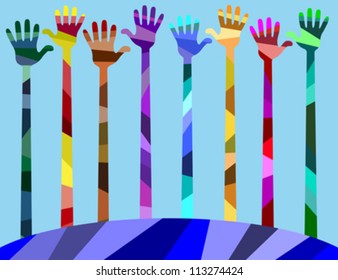 many hands of different colors. hands lifted up