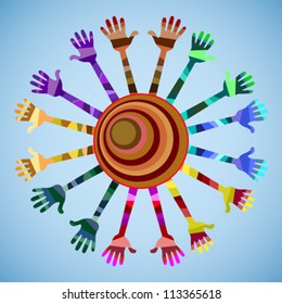 many hands of different colors. hands raised up. in the center of the circle