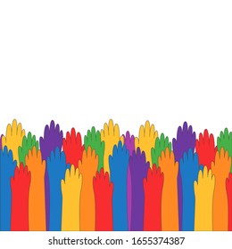 Many hands of different colors are raised up. Vector flat cartoon illustration. Concept: people voting, choice of position, interethnic unity, social decision, various volunteers.