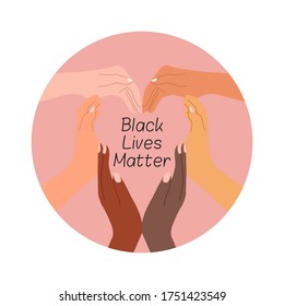 Many hands of different races formed heart symbol together as a campaign for black lives matter. Say no to stop racism icon. Flat vector isolated on white background