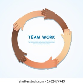 Many hands of different races together in a circle