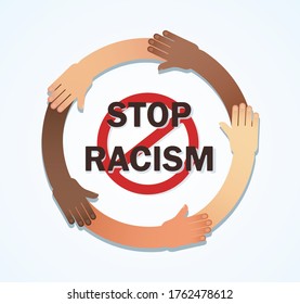 Many hands of different races together in a circle. Stop racism