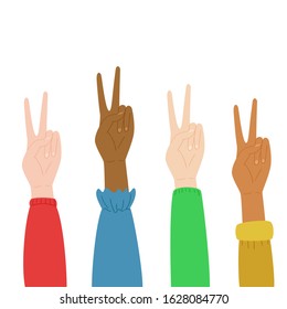 Many hands different skin color show Victory sign. Isolated hands. Vector art