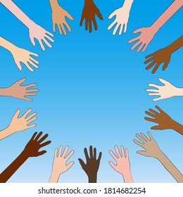 Many hands of different skin tone are raised up form circle frame on blue sky background . Vector illustration hand drawn outline with color