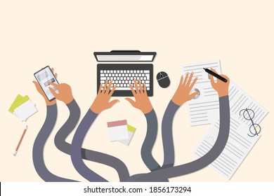 Many hands do several tasks: typing on a keyboard, laptop, answering phone messages, correcting data. Concept: multitasking, doing many things, functions at the same time. Vector flat cartoon.