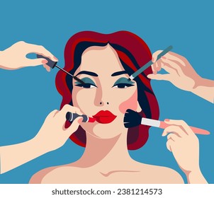 Many hands doing glamour make up for young woman. Facial improvement products to be fake and attractive woman. Cosmetology stylist occupation scene. Vector illustration