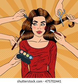 Many Hands Doing Glamour Make up for Young Woman. Pop Art Vector illustration